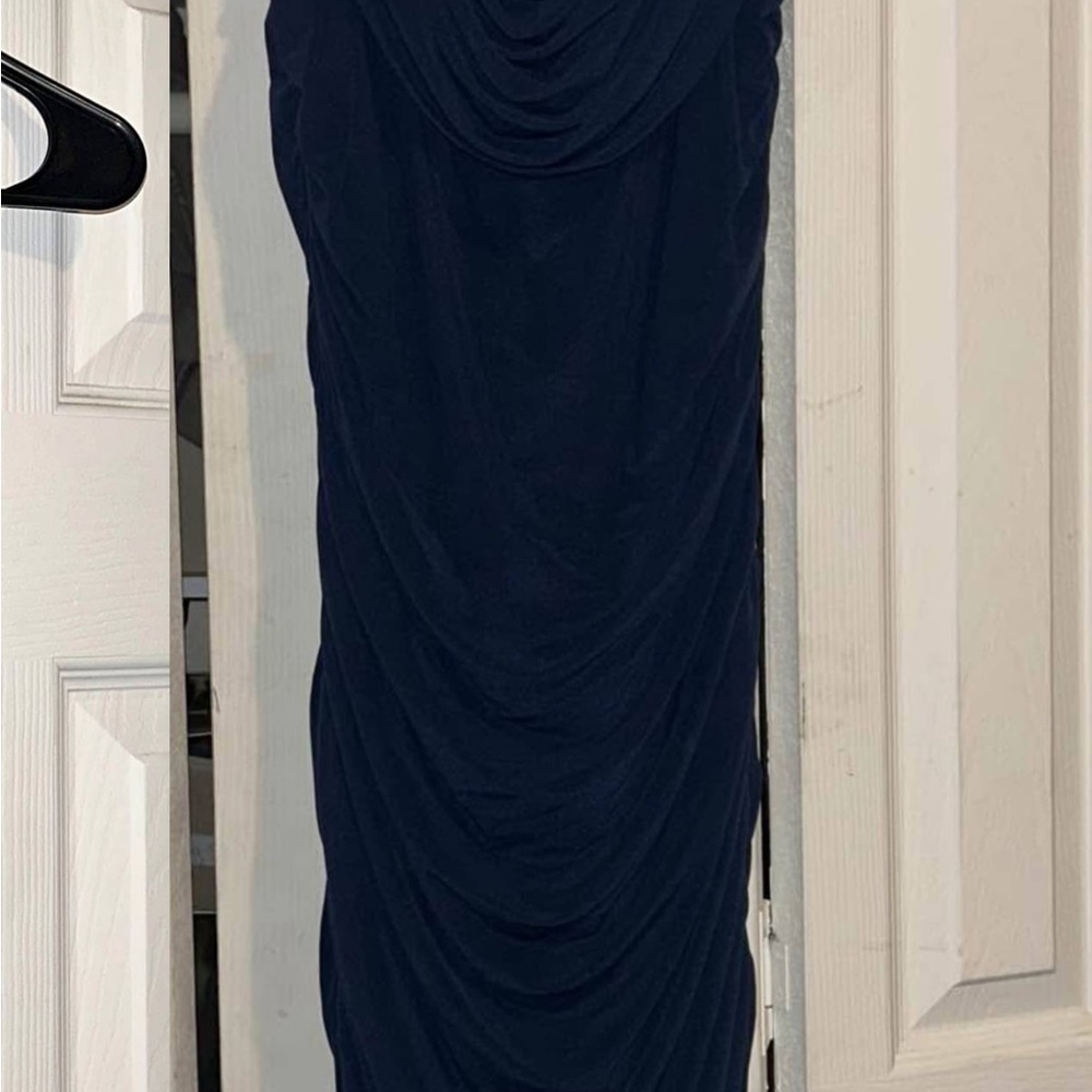 Elegant Blue Ruched Cowl Neck Maxi Dress